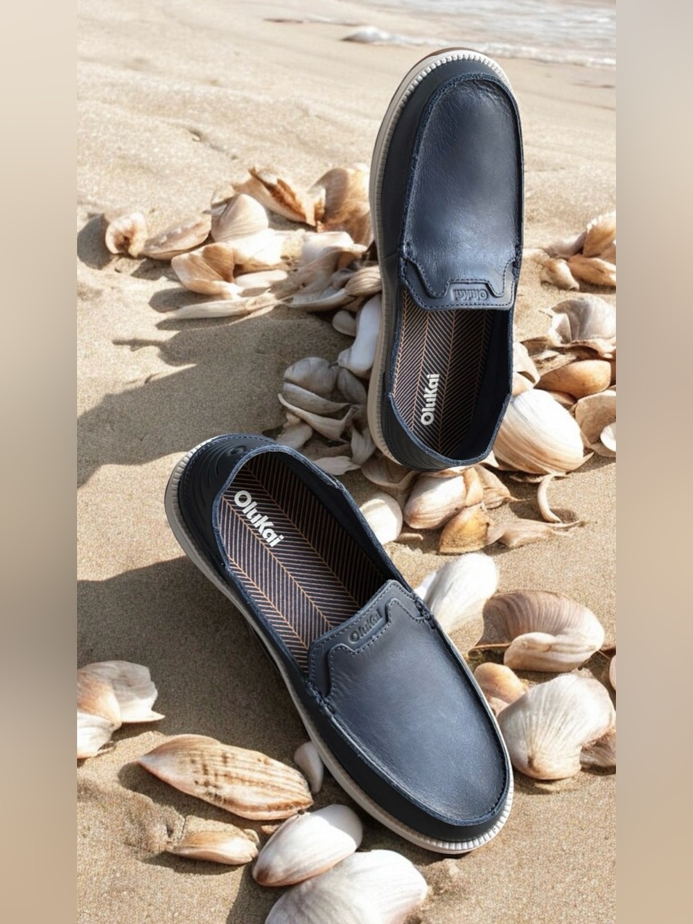 OluKai Kākaha Nia Men’s Navy Blue Leather Slip-On Shoes - Picture 10 of 16